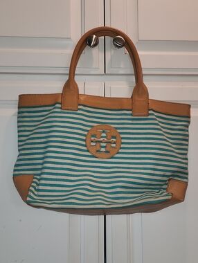 Tory Burch Tan Leather-Trimmed Teal Stripe Canvas Tote